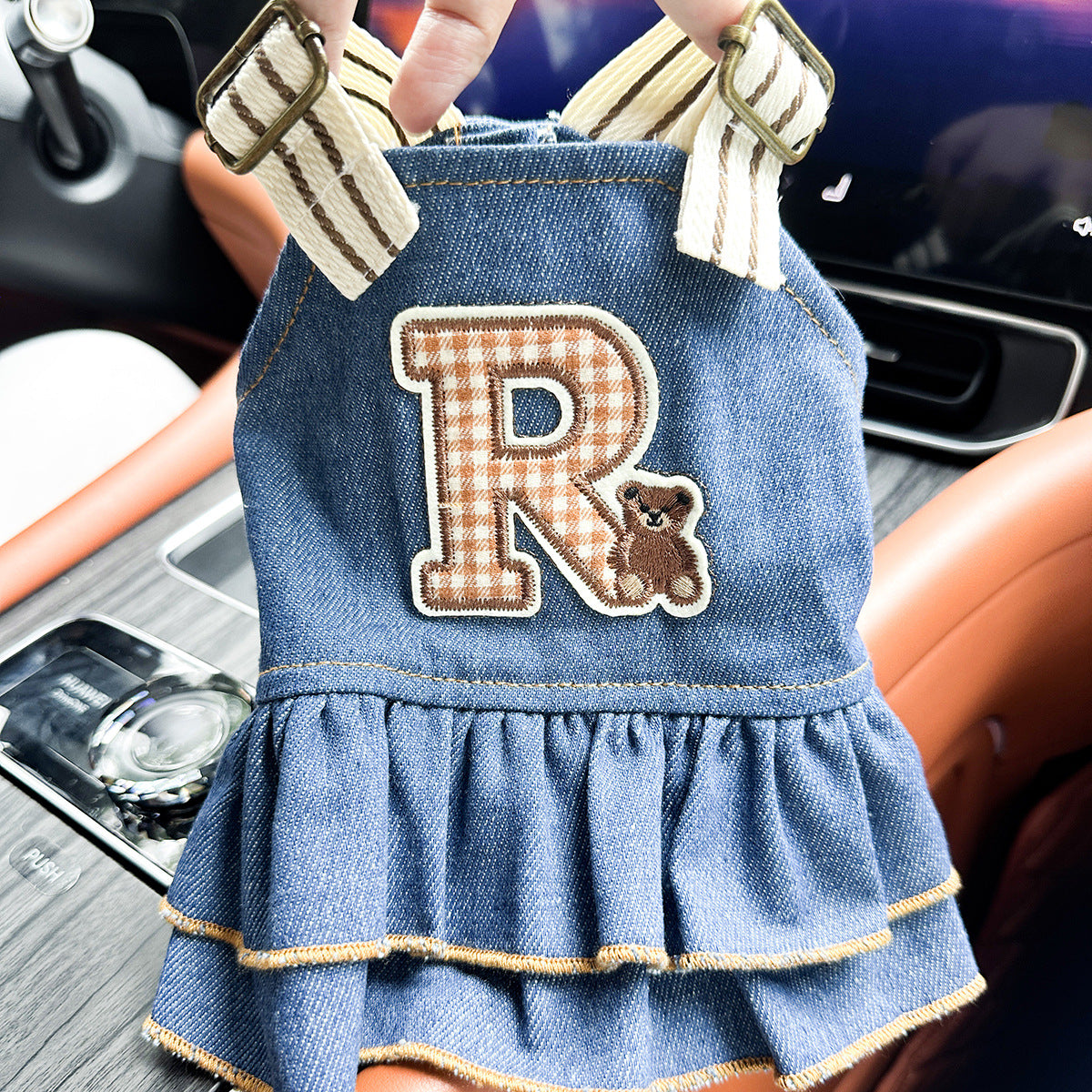 Dog wearing denim skirt sitting — comfortable all-day pet outfit | Pawnests
