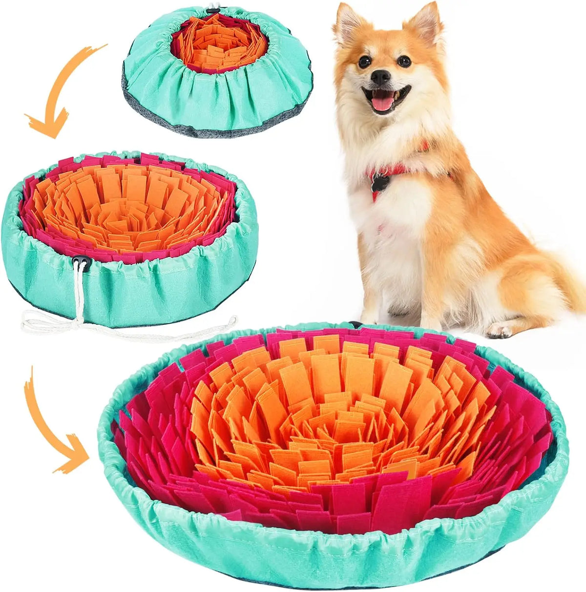 Dog with green snuffle mat for dogs — teal and orange adjustable mat | Pawnests